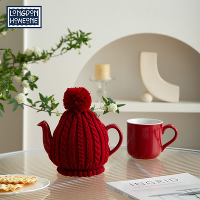 LondonPottery红色茶壶毛线壶套腈纶针连体壶套衣套子可翻盖ins