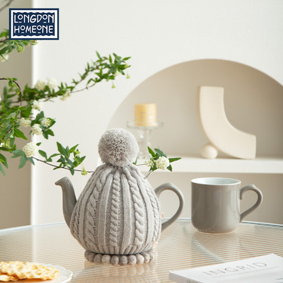 LondonPottery灰色茶壶毛线精致壶套腈纶针连体壶套衣套子可翻盖