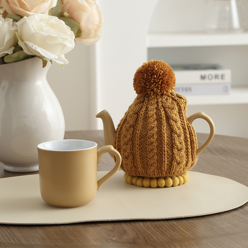 LondonPottery纯羊毛手工钩织姜黄色麻花毛衣套防烫保温隔热壶衣