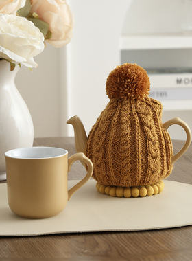 LondonPottery纯羊毛手工钩织姜黄色麻花毛衣套防烫保温隔热壶衣