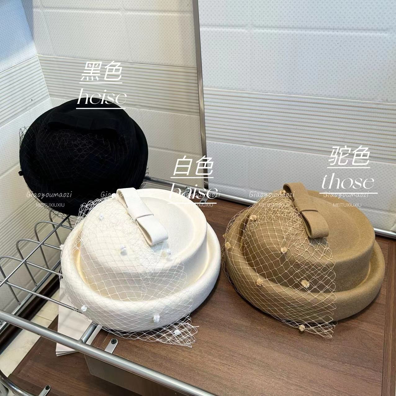 日本CA4 澳洲羊毛呢贝雷帽空姐帽子女面纱复古优雅蝴蝶结盆帽秋冬