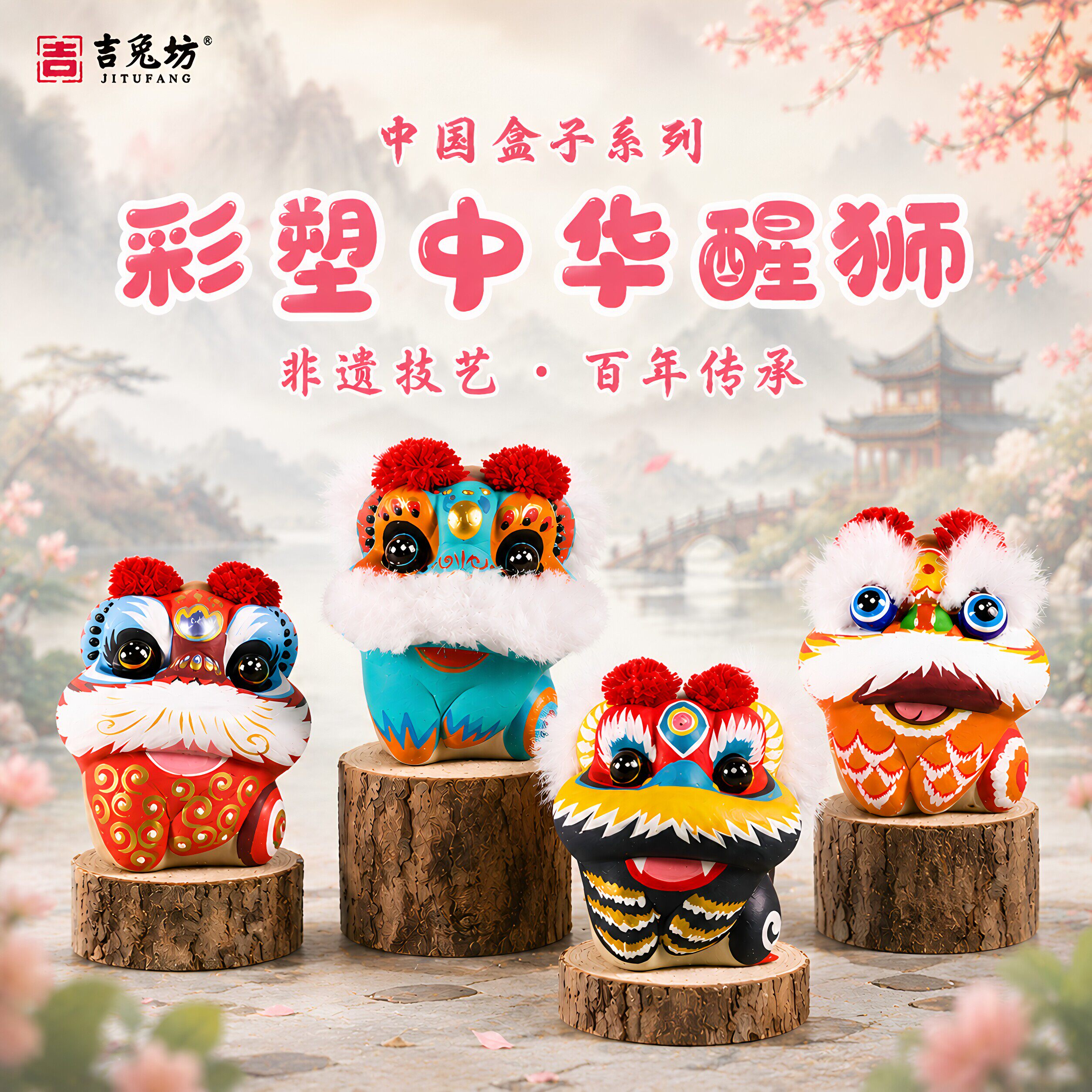 吉兔坊非遗泥彩塑醒狮国潮摆件图片