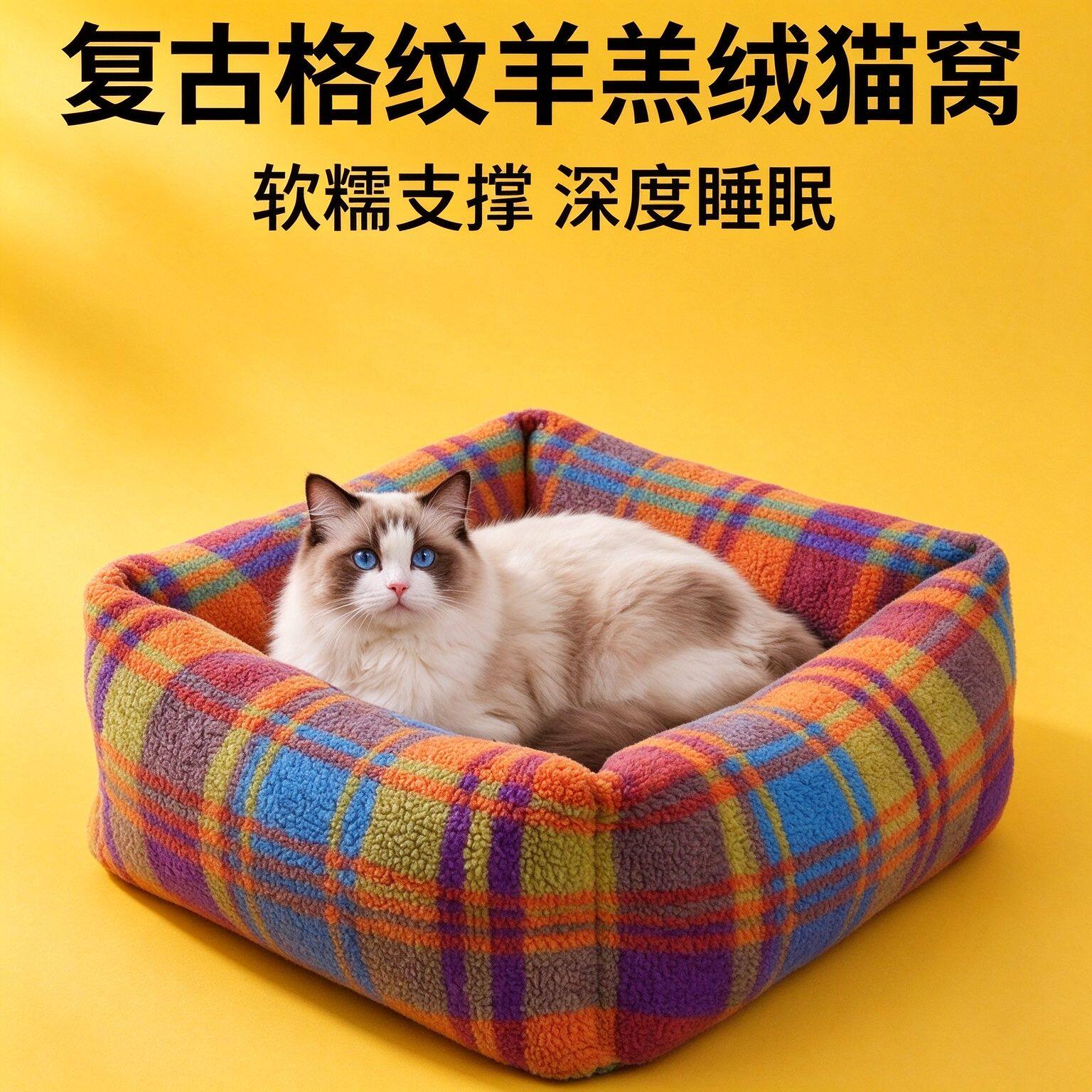 复古彩色格子羊羔绒猫窝垫子可拆洗费尔岛宠物猫沙发秋冬保暖狗窝