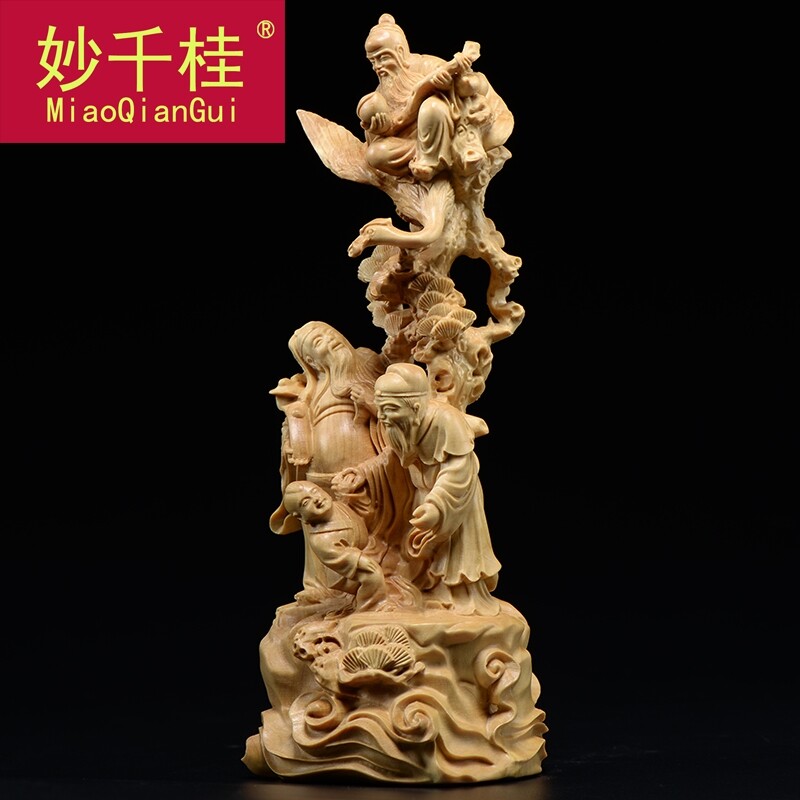 妙千桂木头雕刻福禄寿摆件实木质车内饰品小叶黄杨木雕红木家居工