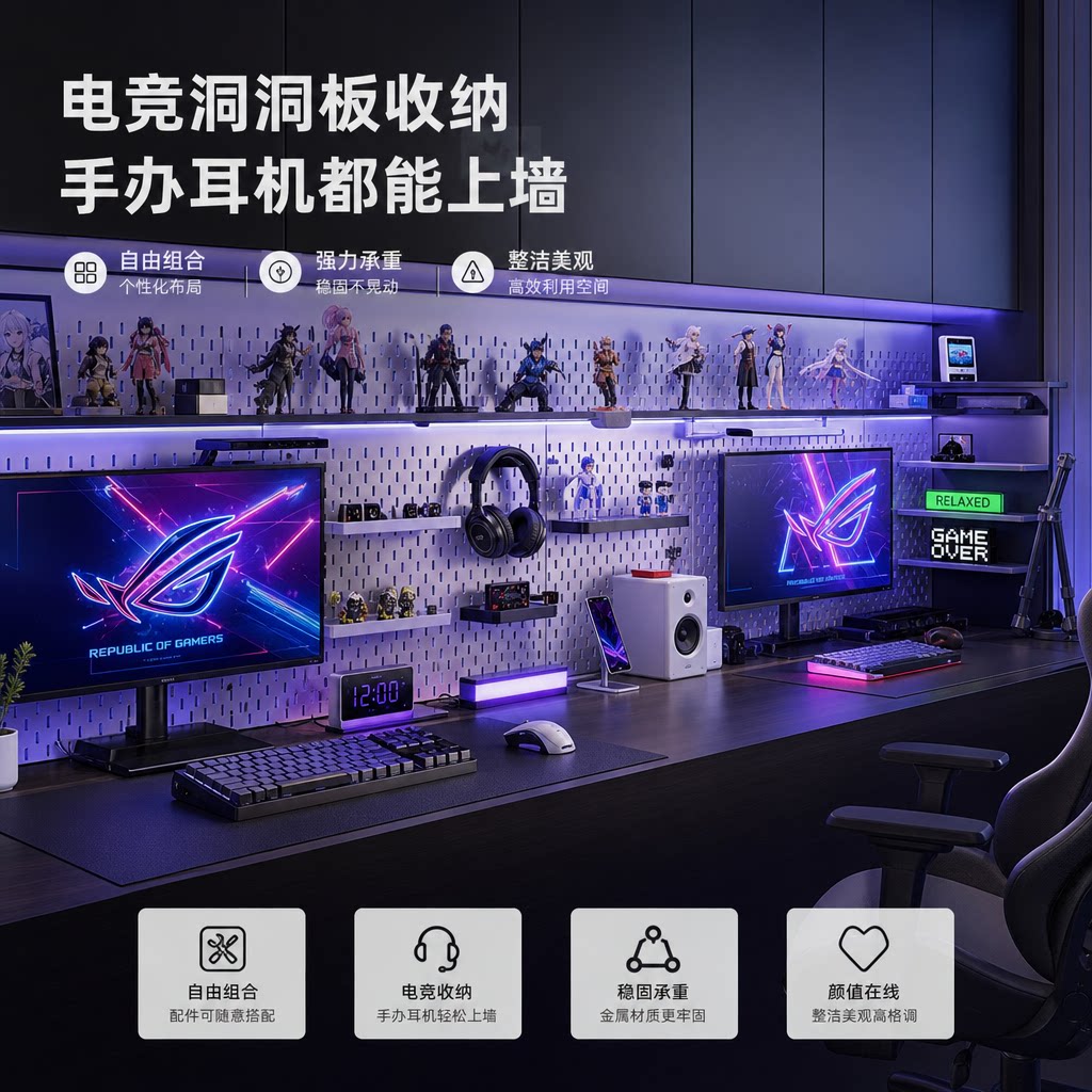 适用宜家孔同款电竞房洞洞板配件金属挂钩免打孔置物架收纳盒长孔