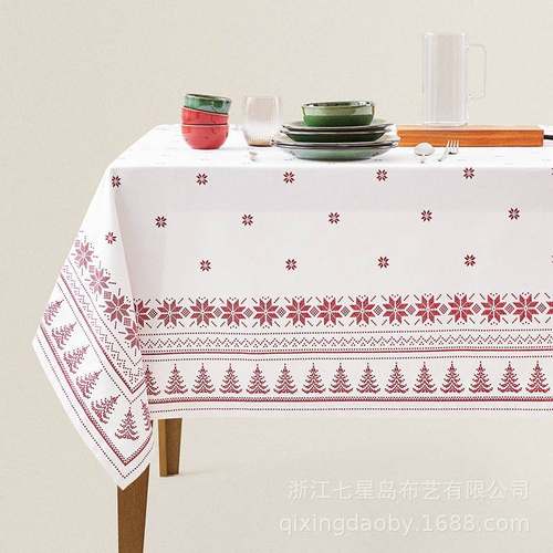 圣诞桌布雪花松树印花刺绣防水桌布节日装饰派对晚餐餐桌新年桌布
