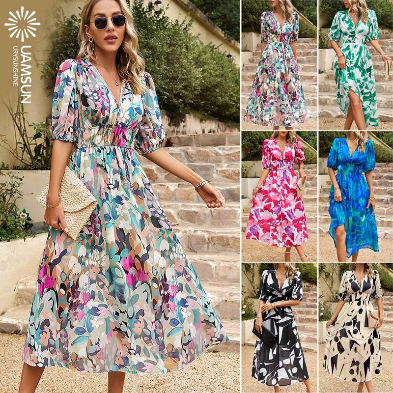 summer women printed long dresse 欧美连衣裙夏收腰V领印花长裙