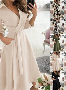 Long Sleeve V-Neck Printed Hip Dress Women'sV领印花连衣