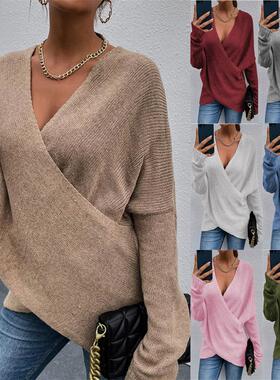 Autumn winter fashion v-neck cross knit women sweater tops