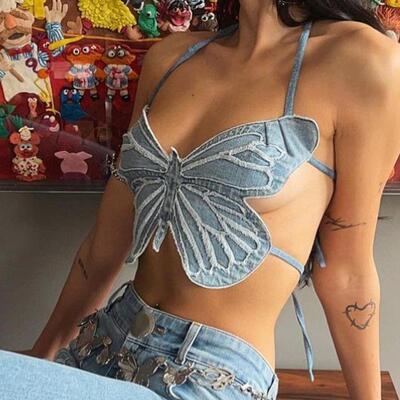 Women Beach Butterfly Jeans Crop Top Backless Strap Camis