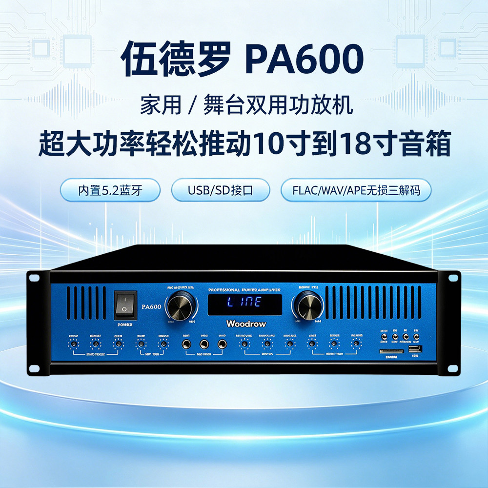 伍德罗PA600家用超大功率功放机蓝牙USB舞台音箱专用卡农欧姆插口