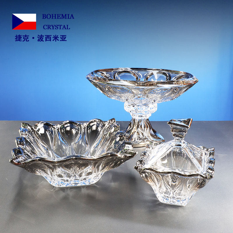 捷克进口水晶高脚果盘家居摆件