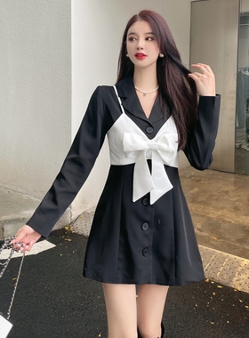 法式长袖西装连衣裙女小个子纯欲风蝴蝶结小黑裙气质高级感黑色