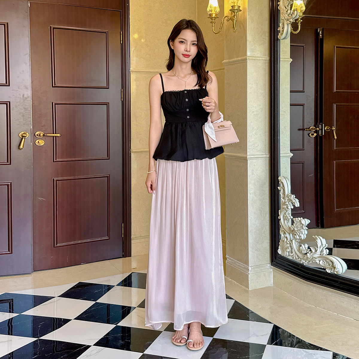 甜美海边度假吊带纱裙两件套女夏季高级感法式半身裙套装气质收腰