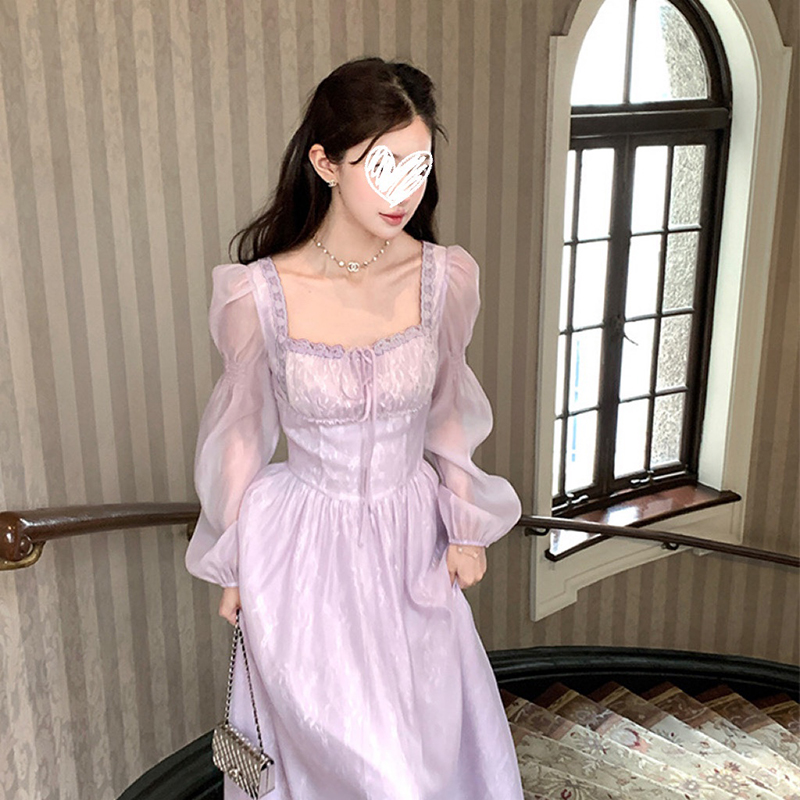 方领长袖紫色连衣裙女