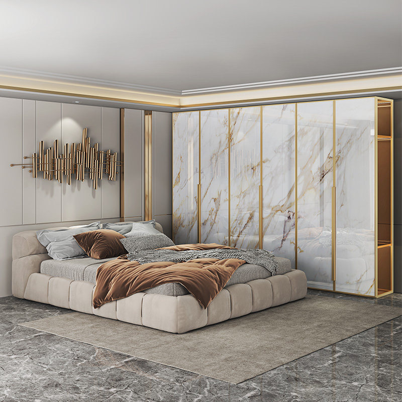 意式轻奢长拉手岩板门玻璃衣柜卧室大容量储物衣帽间收纳大衣橱子