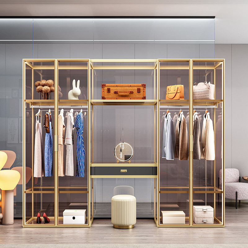 衣柜可定制高端简约现代卧室金属玻璃门衣帽间带梳妆台轻奢大衣橱