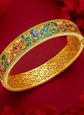 古法花丝镂空花鸟镀金手镯高级感珐琅烧蓝花鸟宫廷风花丝手镯