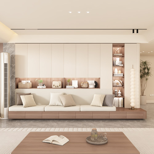 实木卡座书柜家用客厅奶油风背景墙收纳书架书橱带玻璃门储物柜子