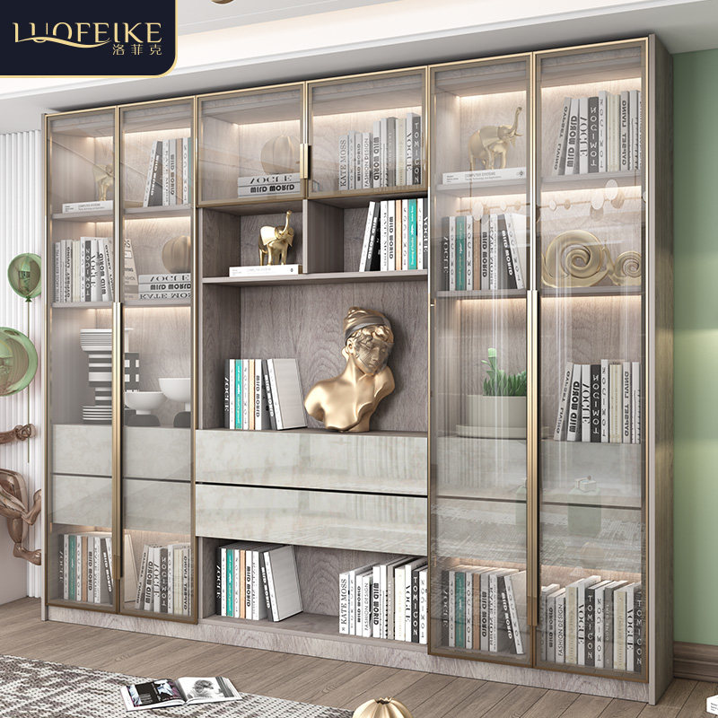 轻奢实木书柜书架组合简约现代玻璃门书橱家用客厅靠墙展示柜定制