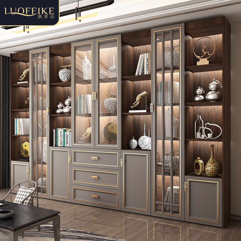 新中式实木组合书柜落地靠墙防尘储物柜轻奢玻璃门书橱书架展示柜