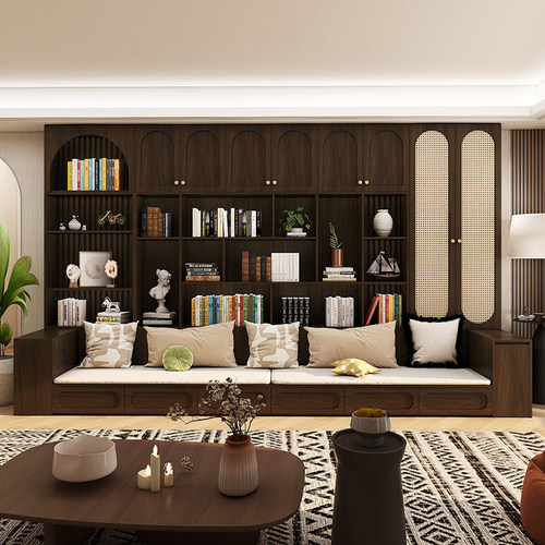 沙发书柜一体客厅家用带卡座书橱书架背景储物柜实木欧松板定制