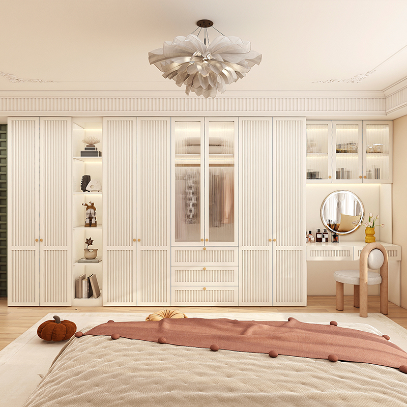 新款法式奶油风实木衣柜家用简约大容量收纳衣橱梳妆台一体可定制