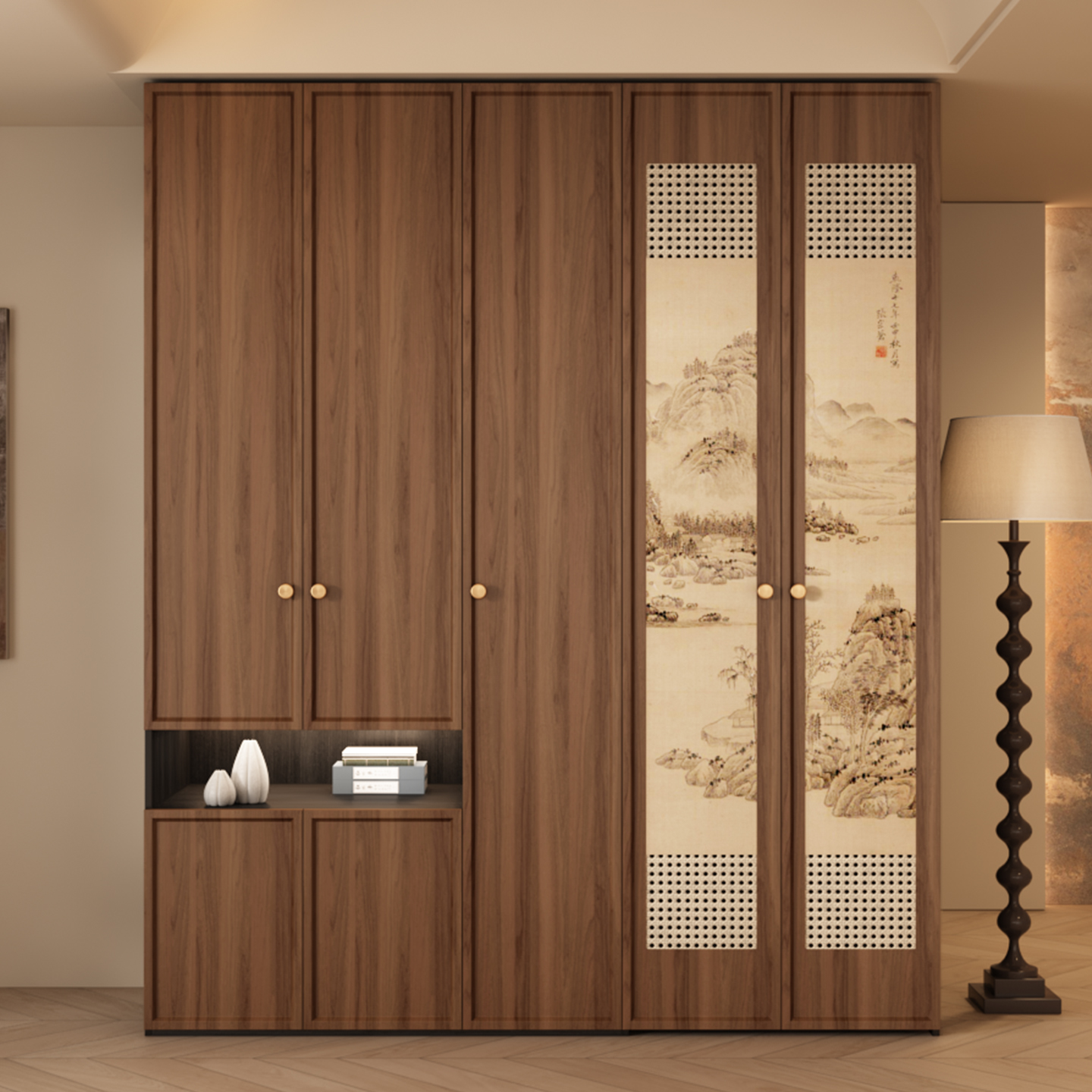 宋氏美学骨骼线实木衣柜家用中古风藤编门衣帽间床尾柜全屋定制柜