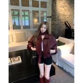 新款 冬季 气质宽松显瘦机车夹克上衣 皮衣外套女装 复古红色翻领长袖