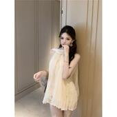 宽松飘带无袖 纯欲超仙蕾丝拼接雪纺衫 法式 夏季 挂脖上衣 女2025新款