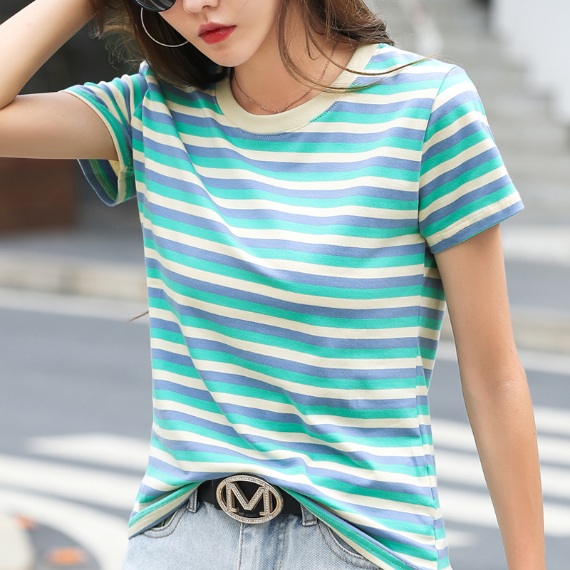 yishion以纯条纹短袖t恤女2025夏季新款网红棉质显瘦上衣宽松半袖