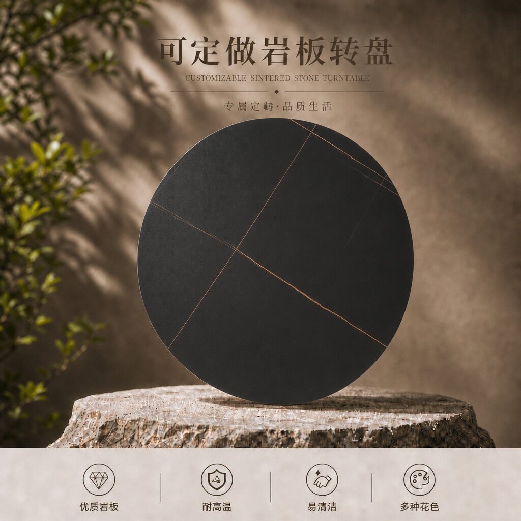 高端岩板餐桌转盘家用餐厅吃饭圆形旋转带转轴定制长方形茶几台面