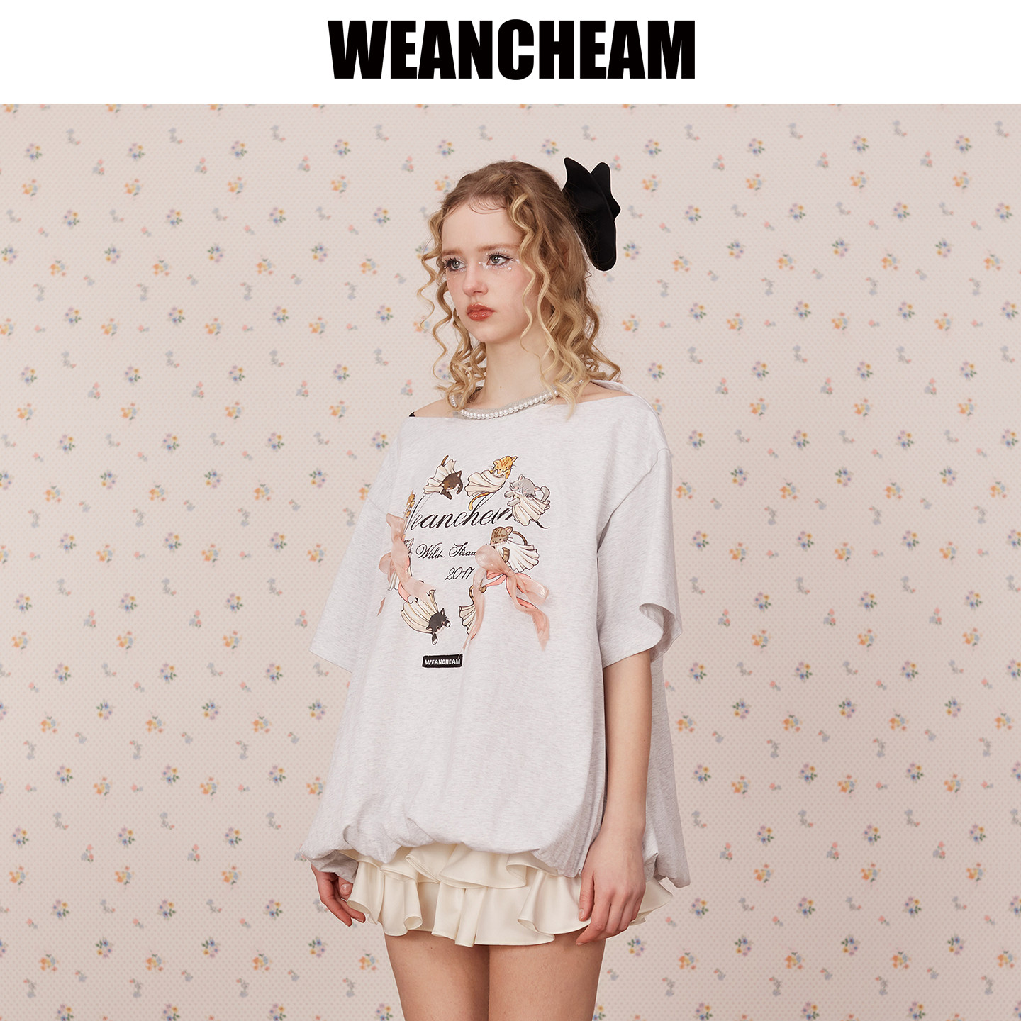 WEancheAM未未姆2026夏新款爱心猫咪泡芙T恤女纯棉中长款宽松上衣
