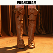 WEancheAM 未未姆蝴蝶结羊皮长筒靴子女秋冬增高显瘦弹力蜡感皮靴