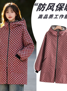 秋冬保暖加厚加绒罩衣上班外穿工作大人厨房家用围裙格连帽正穿衣