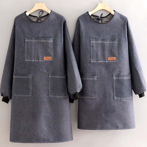 秋冬长袖围裙罩衣工作服牛仔耐磨加厚加大