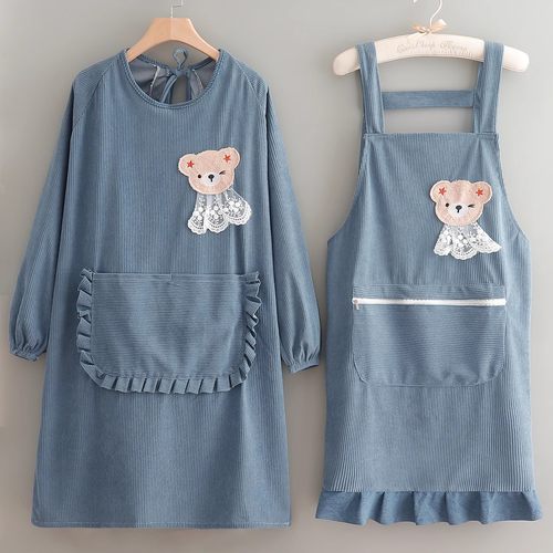 可爱条绒防水长袖围裙女厨房做饭