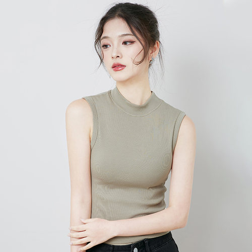 莫代尔棉半高领无袖背心女