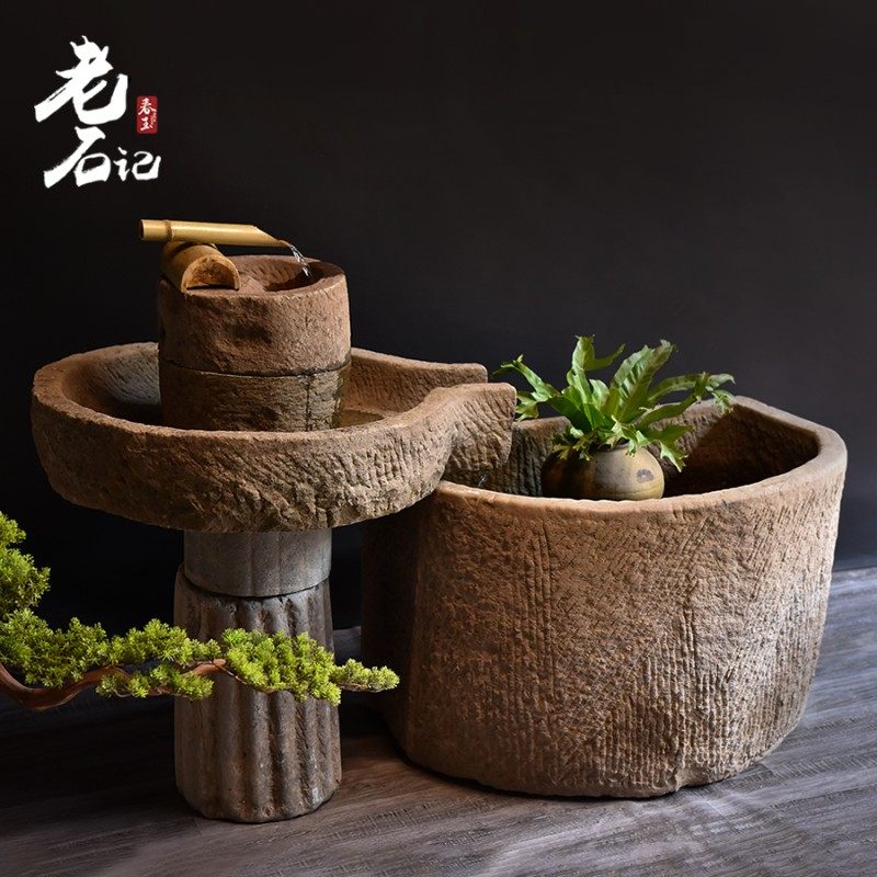 长嘴磨盘石槽流水摆件组合庭院花园水景老石磨荷花景观旧石头鱼缸