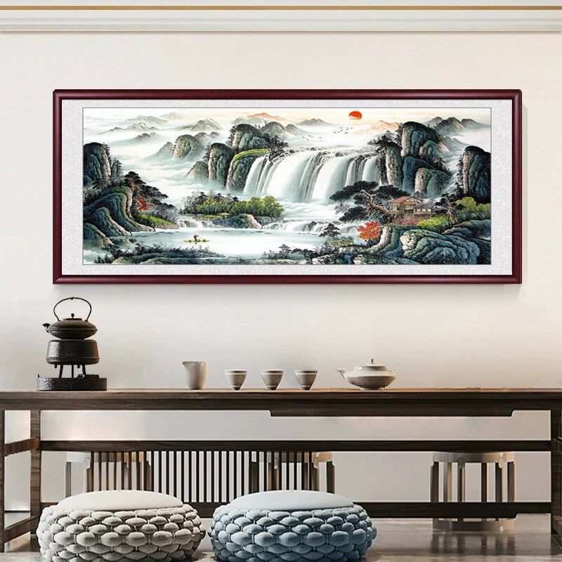 源远流长山水画聚宝盆风水靠山画客厅装饰画办公室国画西墙壁挂画