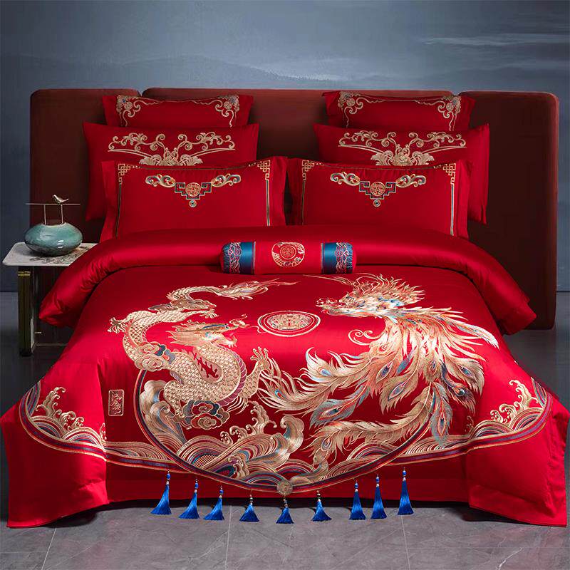 140支婚庆四件组全棉刺绣大红色婚房龙凤结婚高档新婚房床上用品4