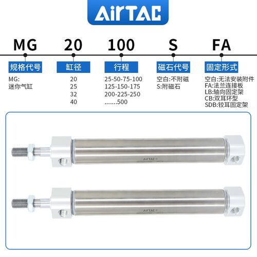 原装亚德客小型不锈钢迷你气缸MG20X25X50X100X125X150X175X200-S