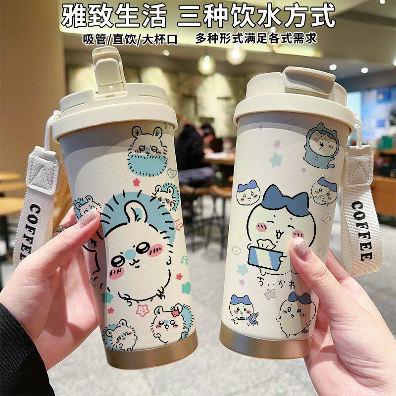小八乌萨奇卡通保温杯316食品级不锈钢咖啡吸管杯大容量学生男女