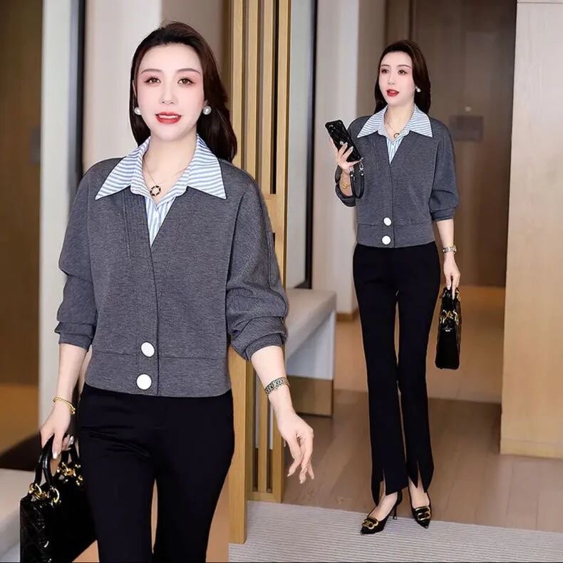 假两件时尚衬衫女士春秋新款拼接条纹短款衬衣百搭洋气蝙蝠衫上衣