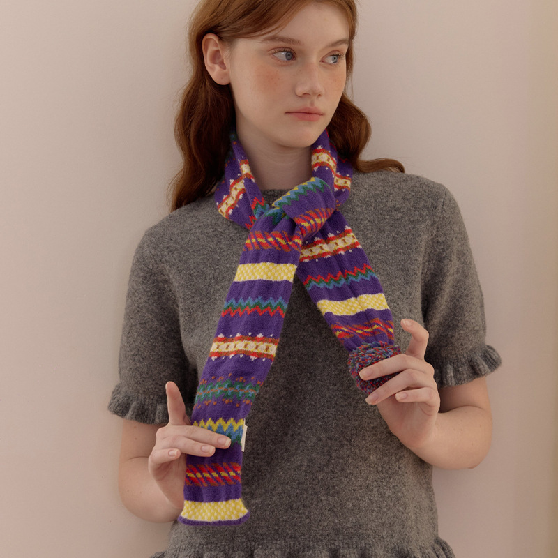 复古费尔岛毛球围巾彩虹色条纹可爱短款秋冬保暖围脖女飞为感围脖