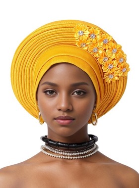 新款粘花重工亮丝叠层绑带帽尼日利亚婚礼派对aoto gele包头帽