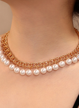 NZ2522跨境欧美创意个性珍珠项链金属链条叠戴时尚女项链颈链饰品