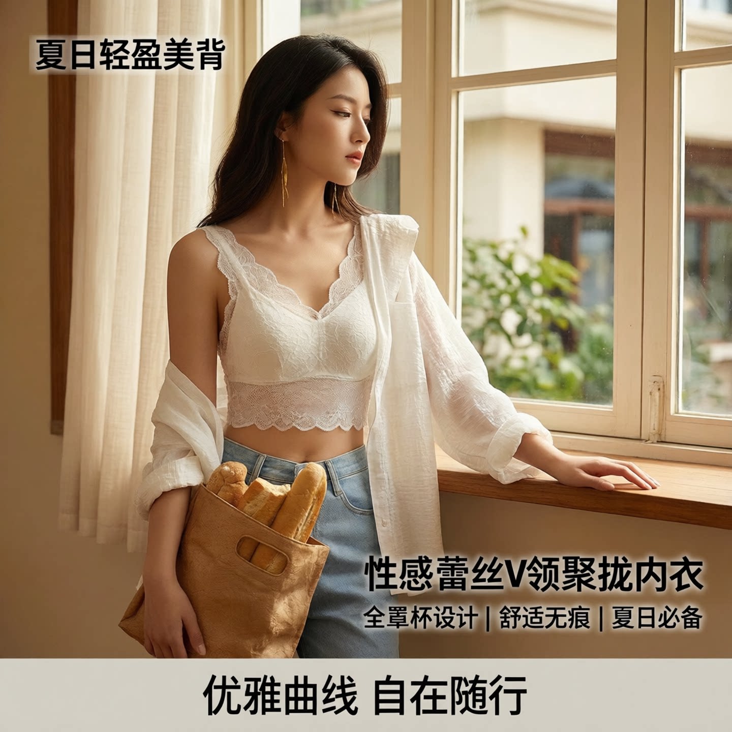 美背背心带胸垫一体内衣性感蕾丝边v型舒适胸罩聚拢全罩杯夏3190