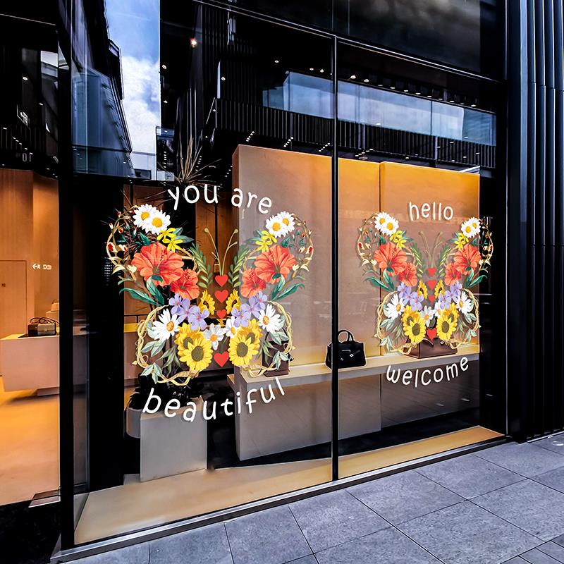 春日上新花卉蝴蝶装饰品静电玻璃门贴纸商业门店橱窗氛围布置免胶