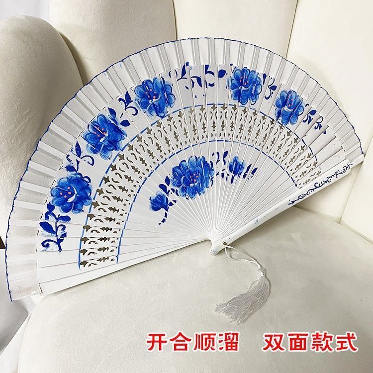中国风经典青花瓷红色折扇双面烤漆西班牙跳舞扇子旗袍走秀表演扇